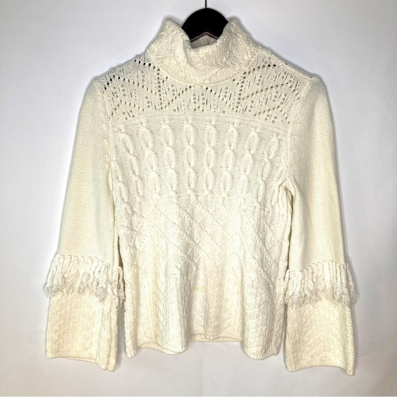 White House Black Market Sweaters - WHBM Women's Ivory Mock Neck Embellished Fringed Cable Knit Sweater Size Small